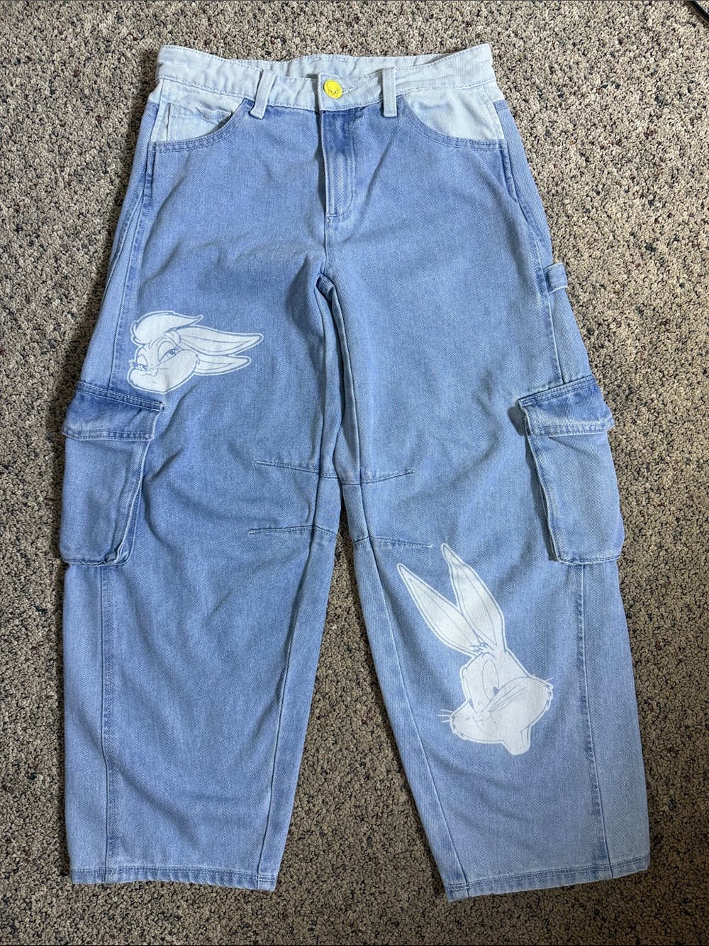 Justice x Looney Tunes Light Wash Denim Girls Cargo Jeans Bugs Bunny Graphic